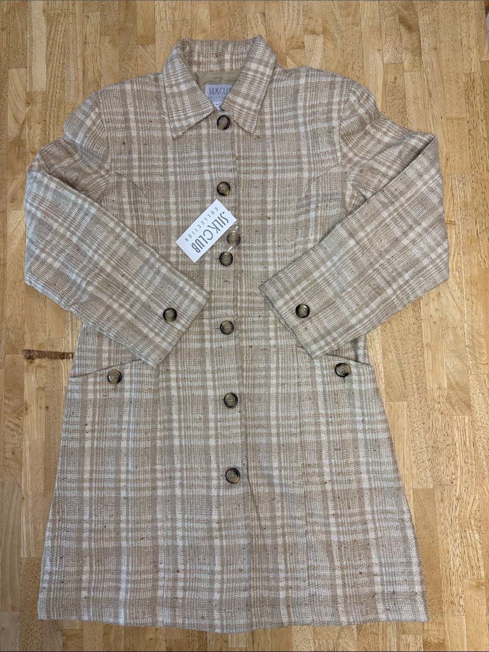 NWT Silk Club Collection 100% Raw Silk Plaid Long Trench Jacket Coat L
